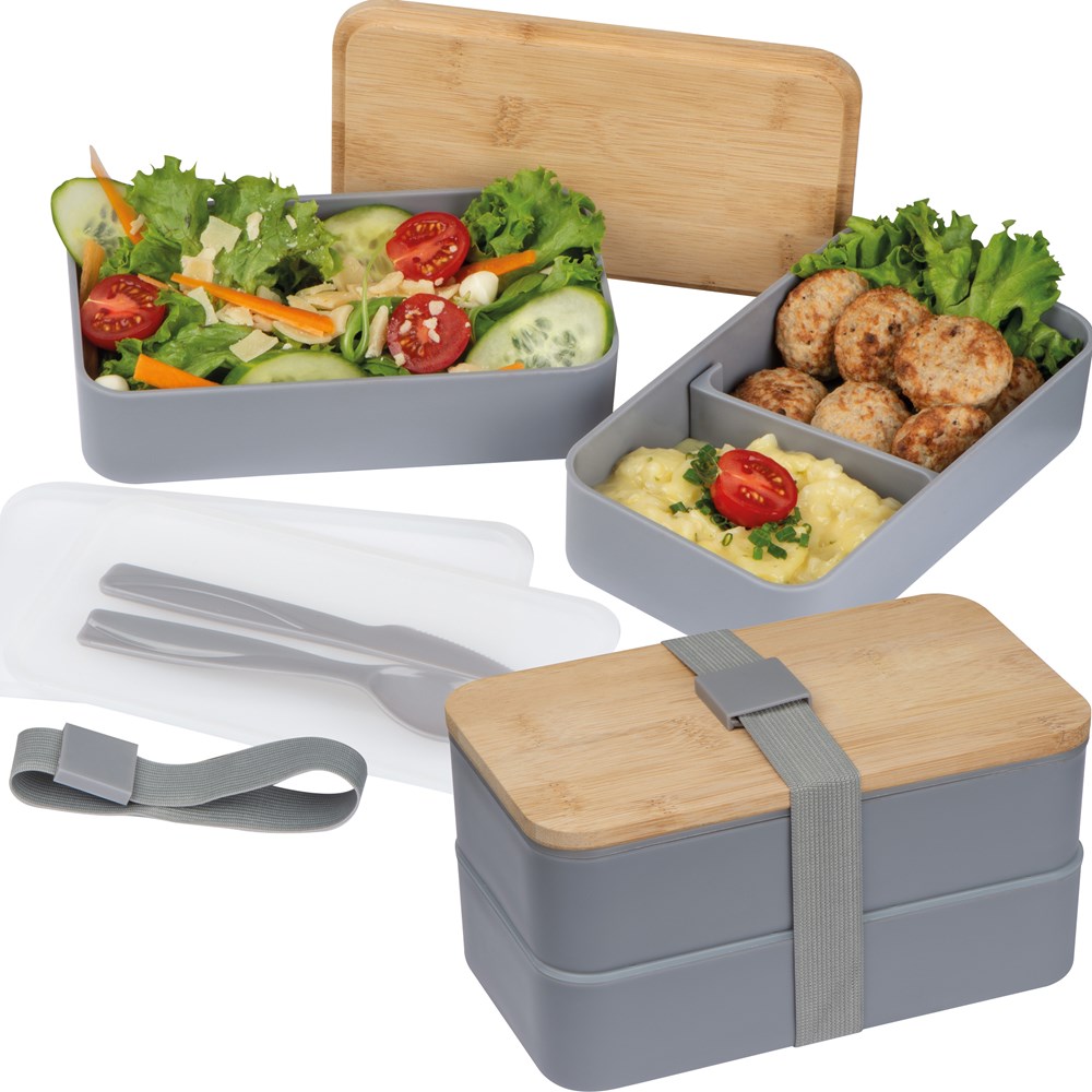 2 stöckige Lunchbox aus Kunststoff und Bambus SALVATORE - silbergrau