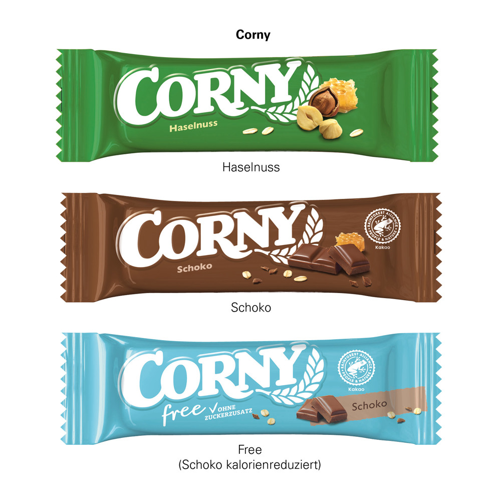 Corny Müsliriegel in Werbeschuber, Schoko