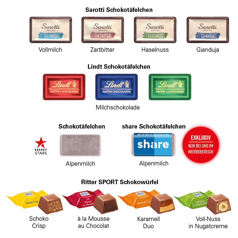 Adventskalender Transporter, Alpenmilch-Schokotäfelchen in Pergaminpapier