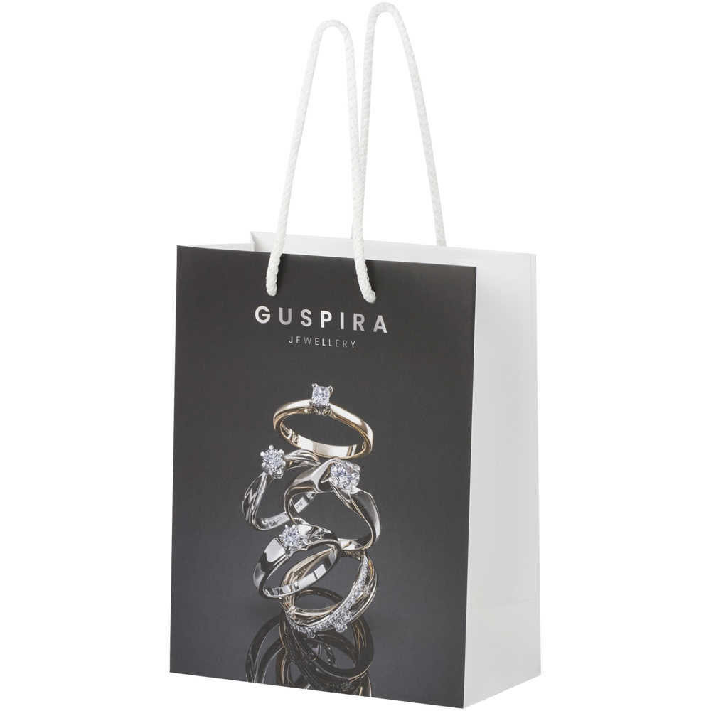 Handgefertigte 170 g/m² Integra-Papiertüte mit Kunststoff Kordelgriffen – 18 × 9 × 23 cm