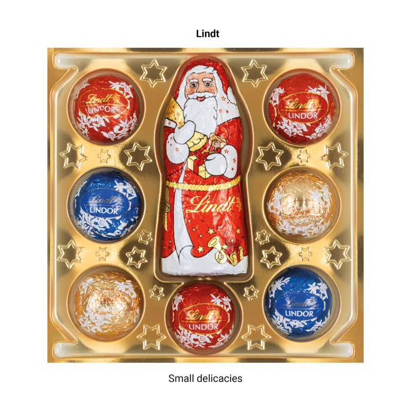 Lindt Präsent Werbeschuber aus weißem Karton Lindt Mini Pralinés