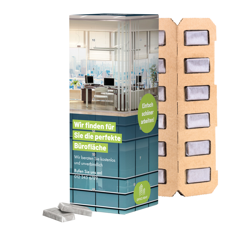 Adventskalender Eco High Tower, Alpenmilch-Schokotäfelchen in Pergaminpapier