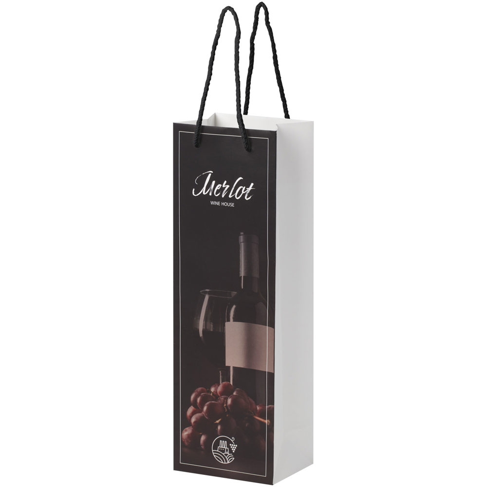 Handgefertigte 170 g/m² Weinflaschentüte aus Integra-Papier mit Kunststoff Kordelgriffen – 12 × 9 × 37 cm - weiss, schwarz